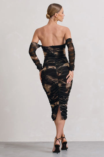 Indy Brown Print Ruched Strapless Long-Sleeve Midi Dress